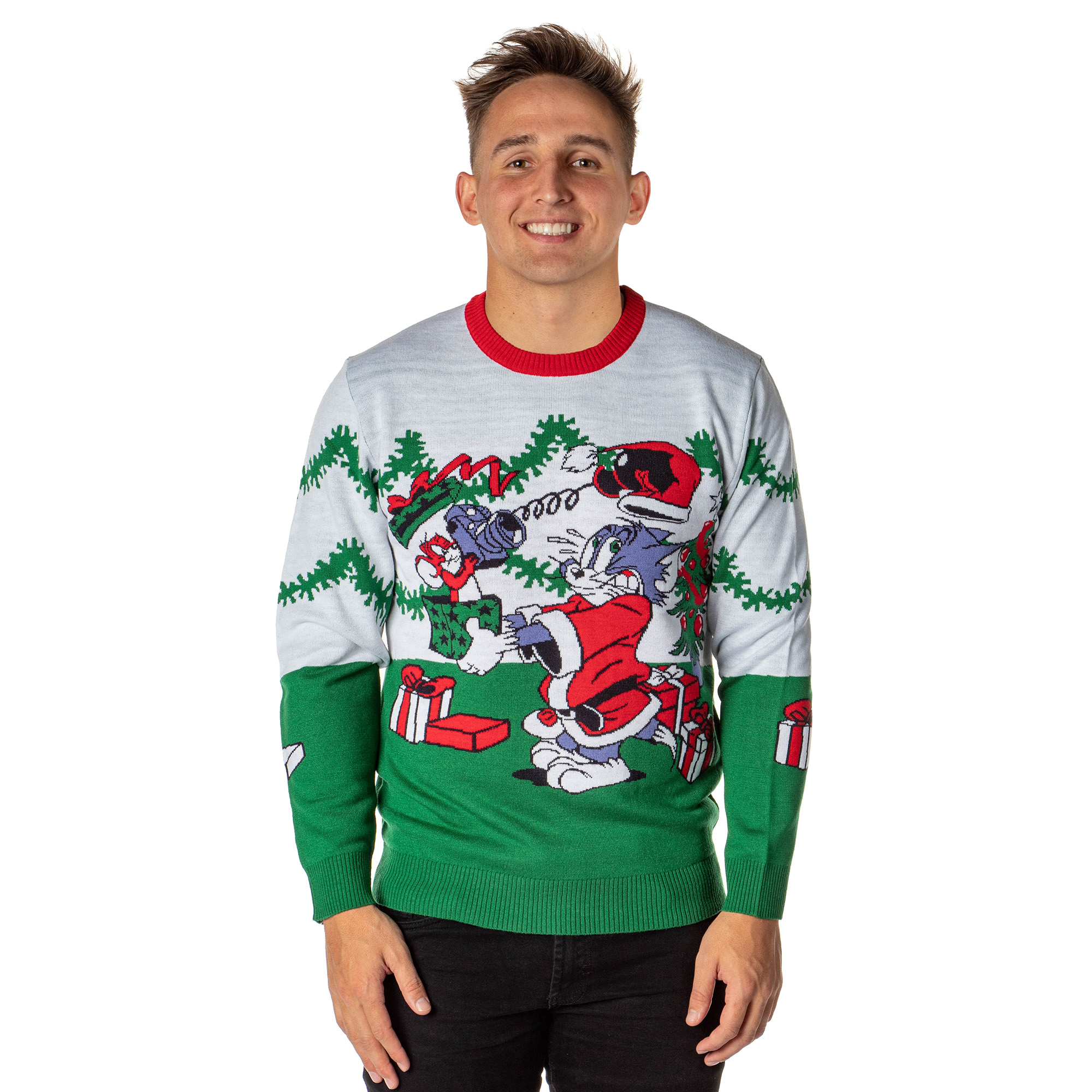 Bioworld Tom And Jerry Men's Surprise Christmas Present Ugly Sweater Knit Pullover