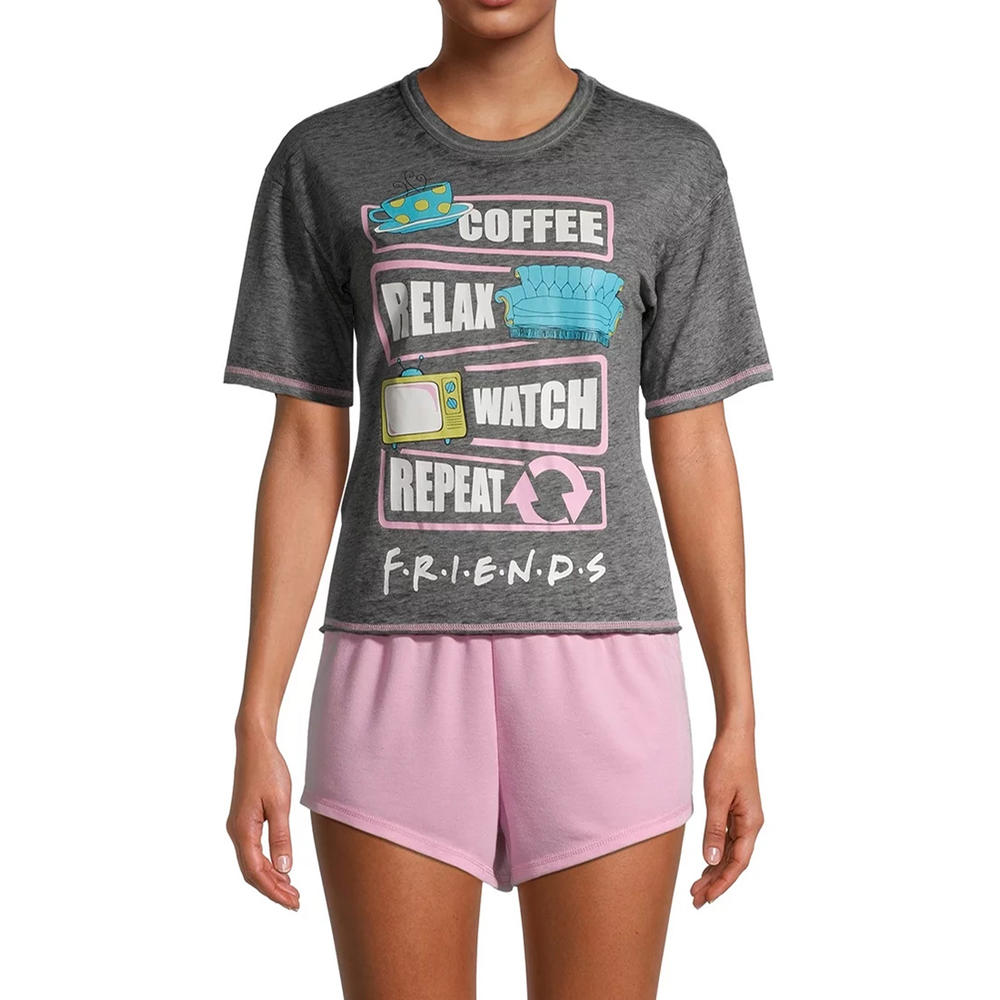 Seven Times Six Women's Friends TV Show Pajama Set 3 PC Coffe Relax Watch Repeat Shirt And Shorts With Crew Socks