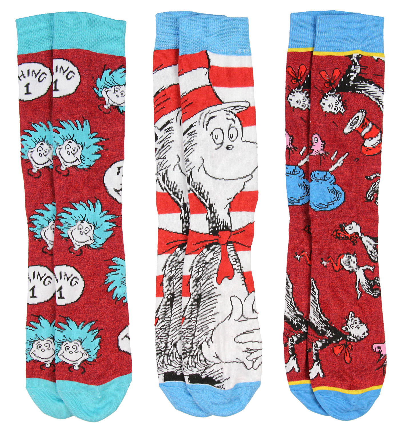 Dr Suess Dr Seuss Socks Adult Cat In The Hat Thing 1 Thing 2 Character Design 3 Pack Mid Calf Crew Socks