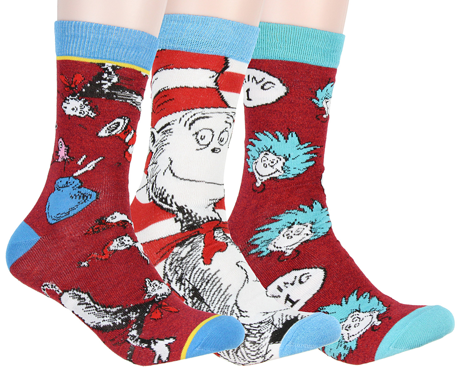 Dr. Suess Dr. Seuss Socks Adult Cat In The Hat Thing 1 Thing 2 Character Design 3 Pack Mid-Calf Crew Socks