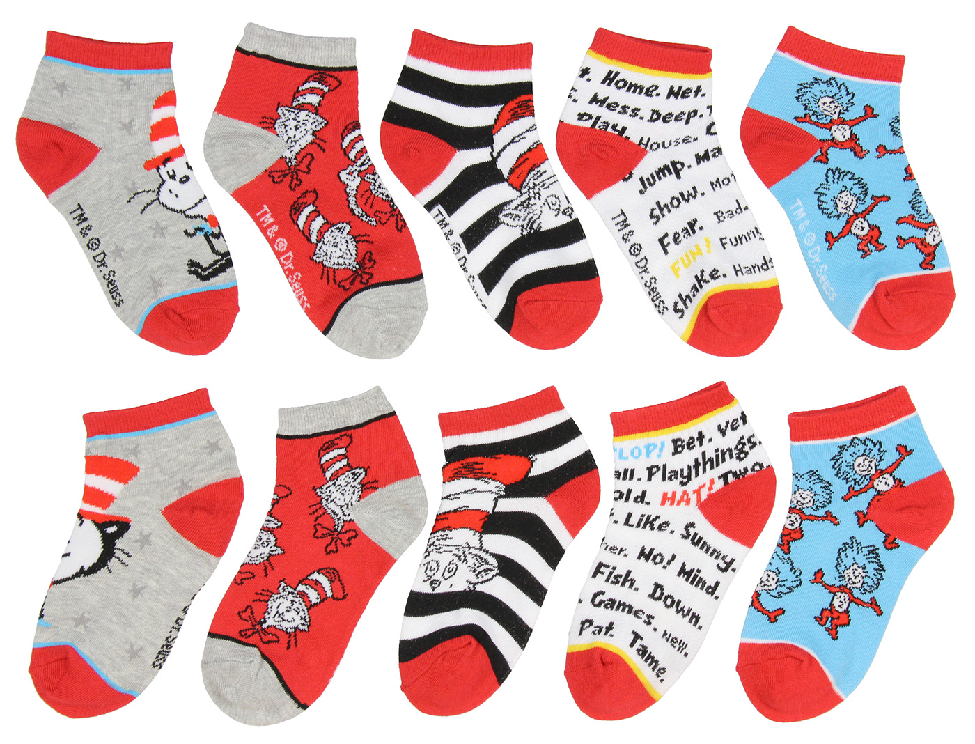 Dr. Suess Dr. Seuss Socks Kids Cat In The Hat Thing 1 Thing 2 Ankle No Show Socks - 5 Pack For Boys Or Girls