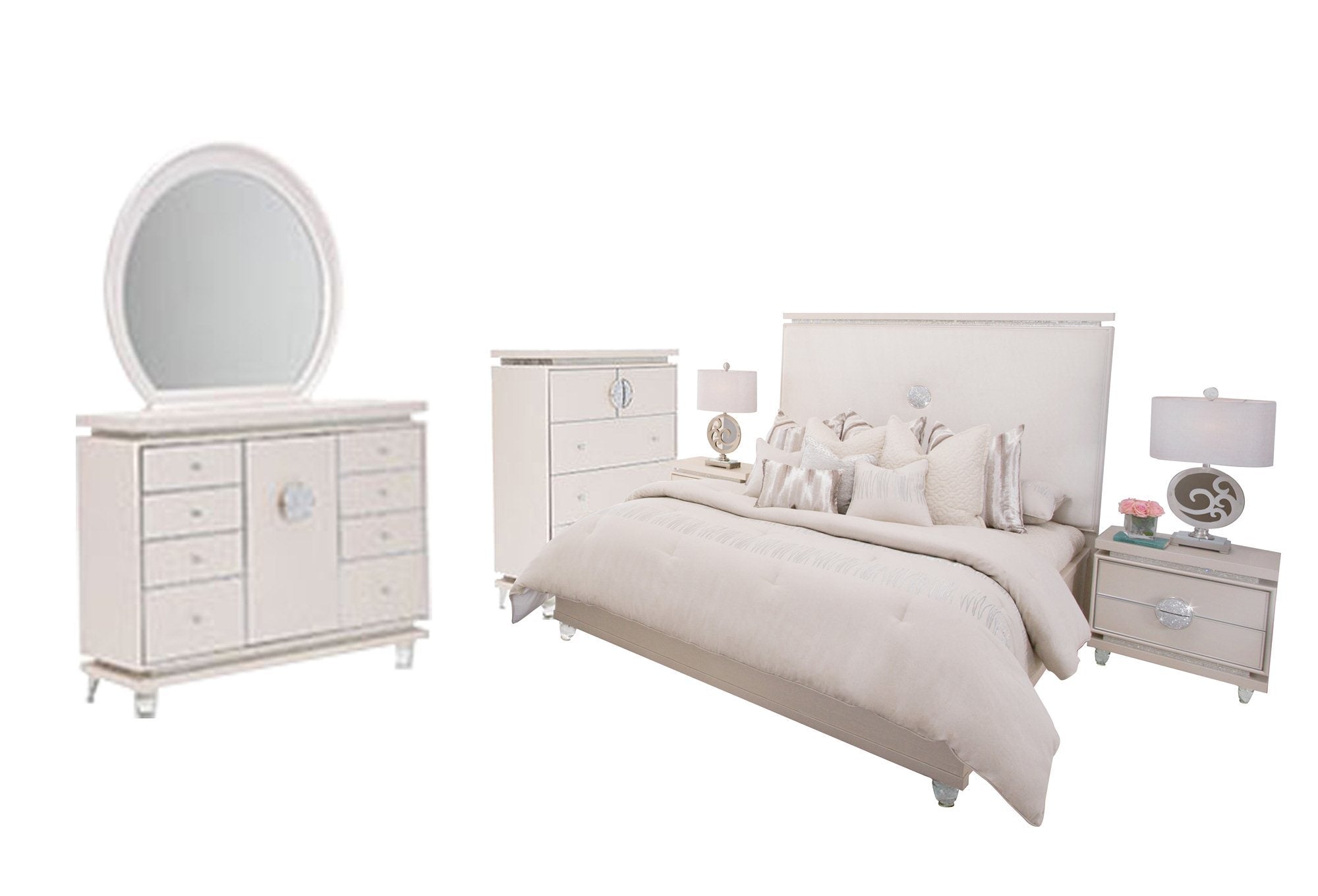 Aico Amini Glimmering Heights 6 PC Bedroom Set Cal King Bed w 2 Nightstand in Ivory
