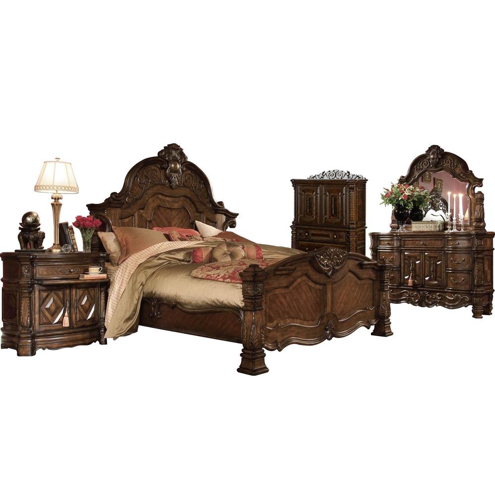 Aico Amini Windsor Court 5 PC Cal King Mansion Bed Set with Chest in Vintage Fruitwood