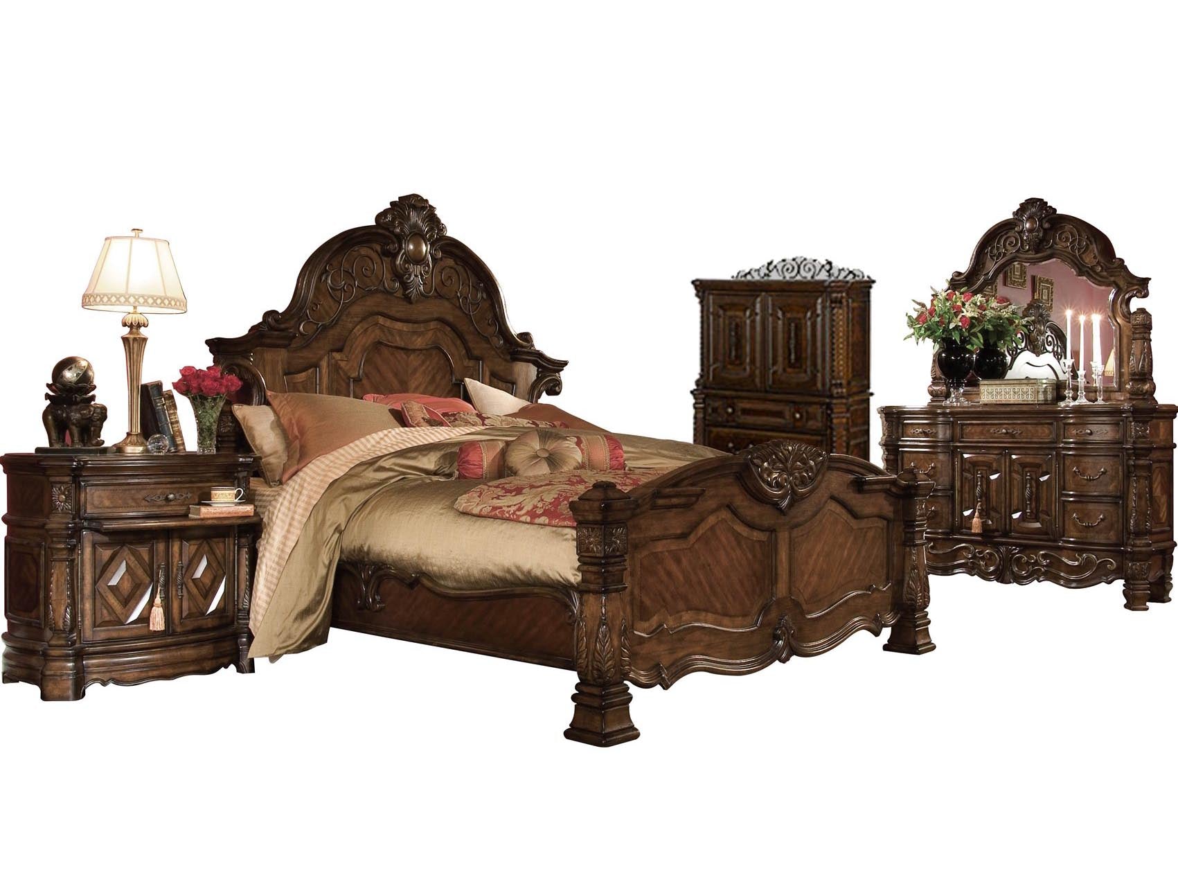 Aico Amini Windsor Court 5 PC E King Mansion Bed Set with Chest in Vintage Fruitwood