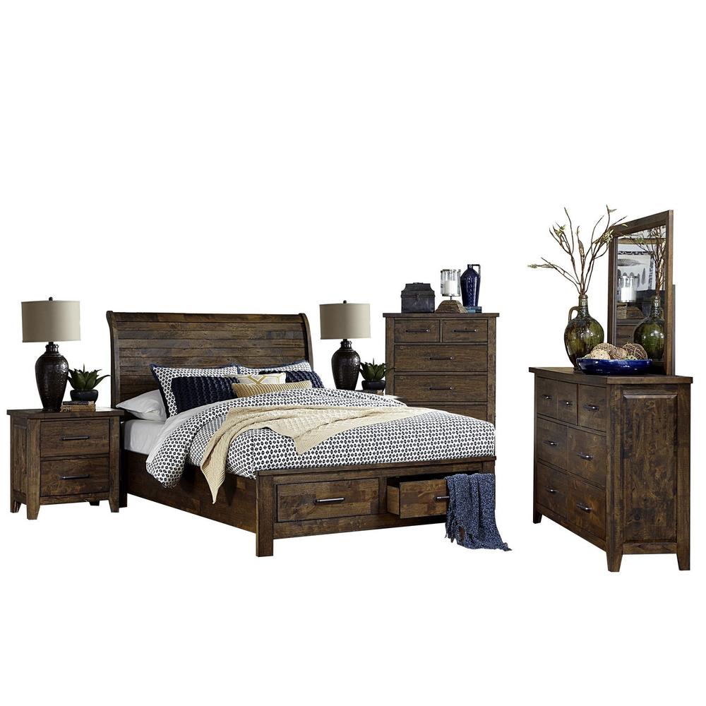 HEFX Jackson Rustic 6PC Bedroom Set Cal King Sleigh Storage Bed, Dresser, Mirror, 2 N