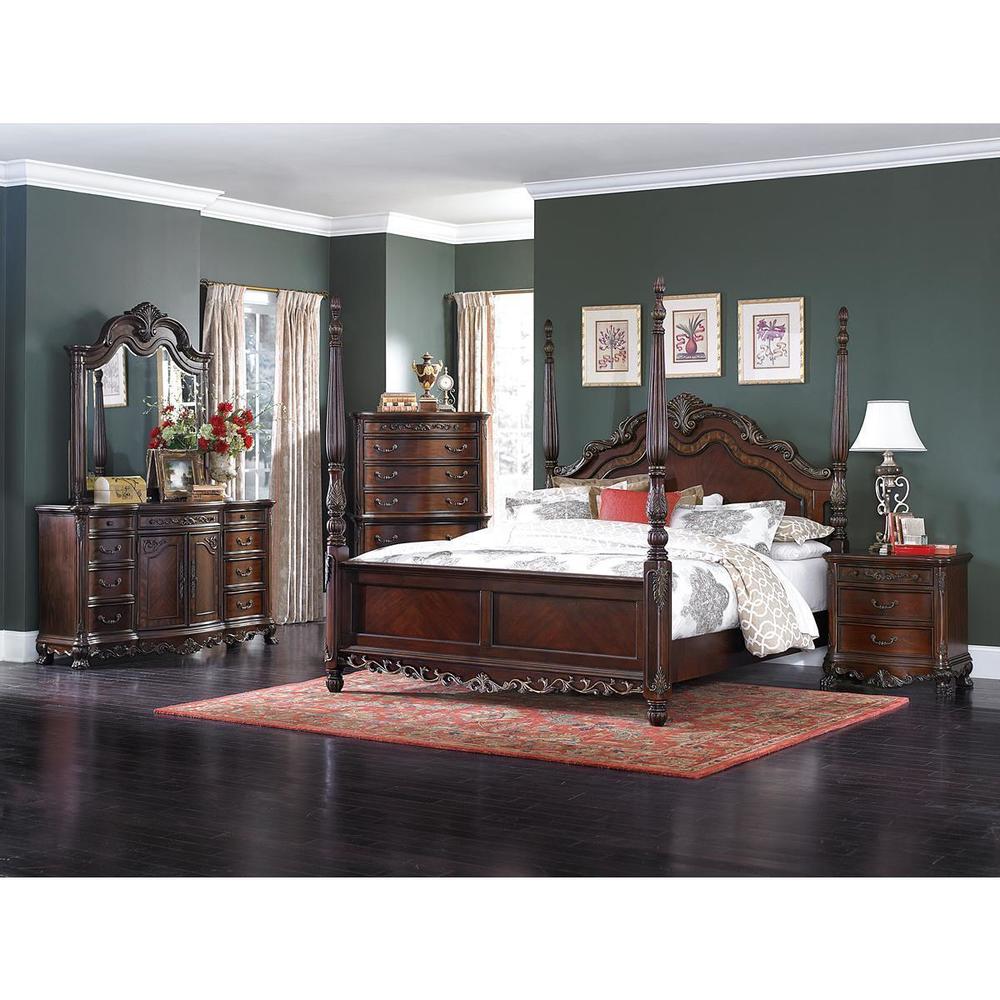 HEFX Dublin California King Poster Bed in Cherry - Colonial, Claw Feet, Wood Carving