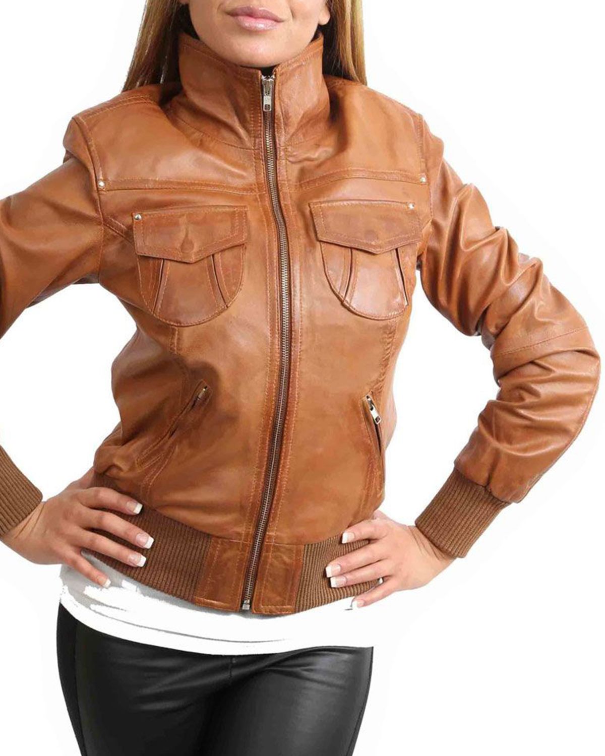 Scin Womens Classic Bomber Real Leather Jacket by SCIN