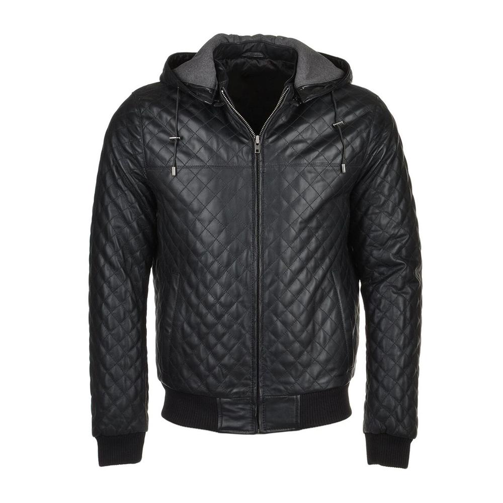Scin Quilted Detachable Hooded Bomber Real Leather Jacket by SCIN