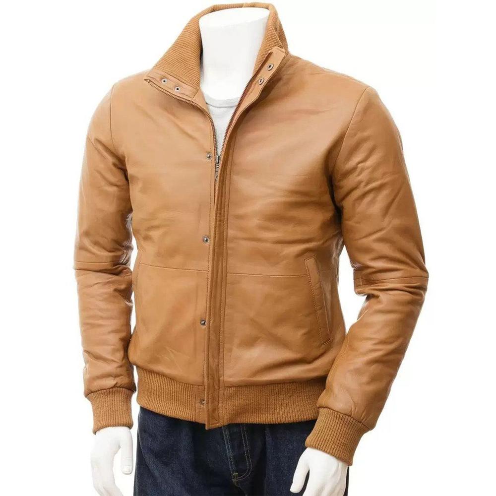 Scin Mens Tan Brown Real Sheepskin Leather Bomber Jacket by SCIN