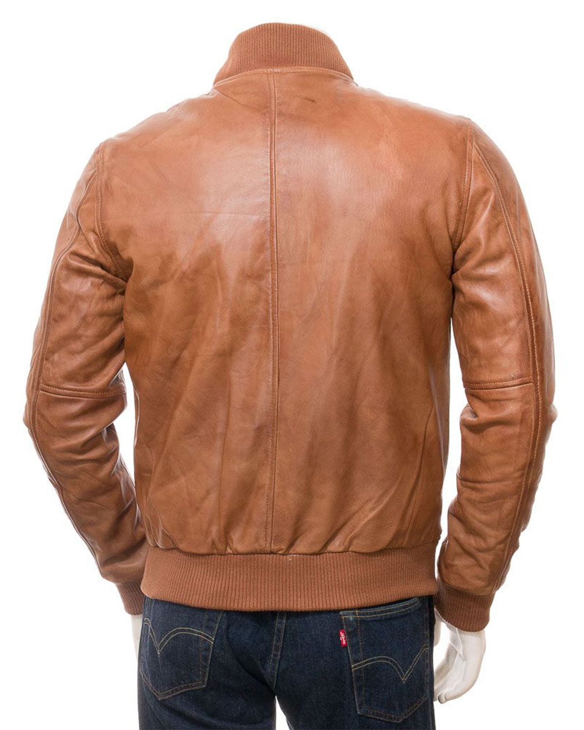 Scin Mens Ribbed Cuffs Tan Brown Bomber Real Leather Jacket by SCIN