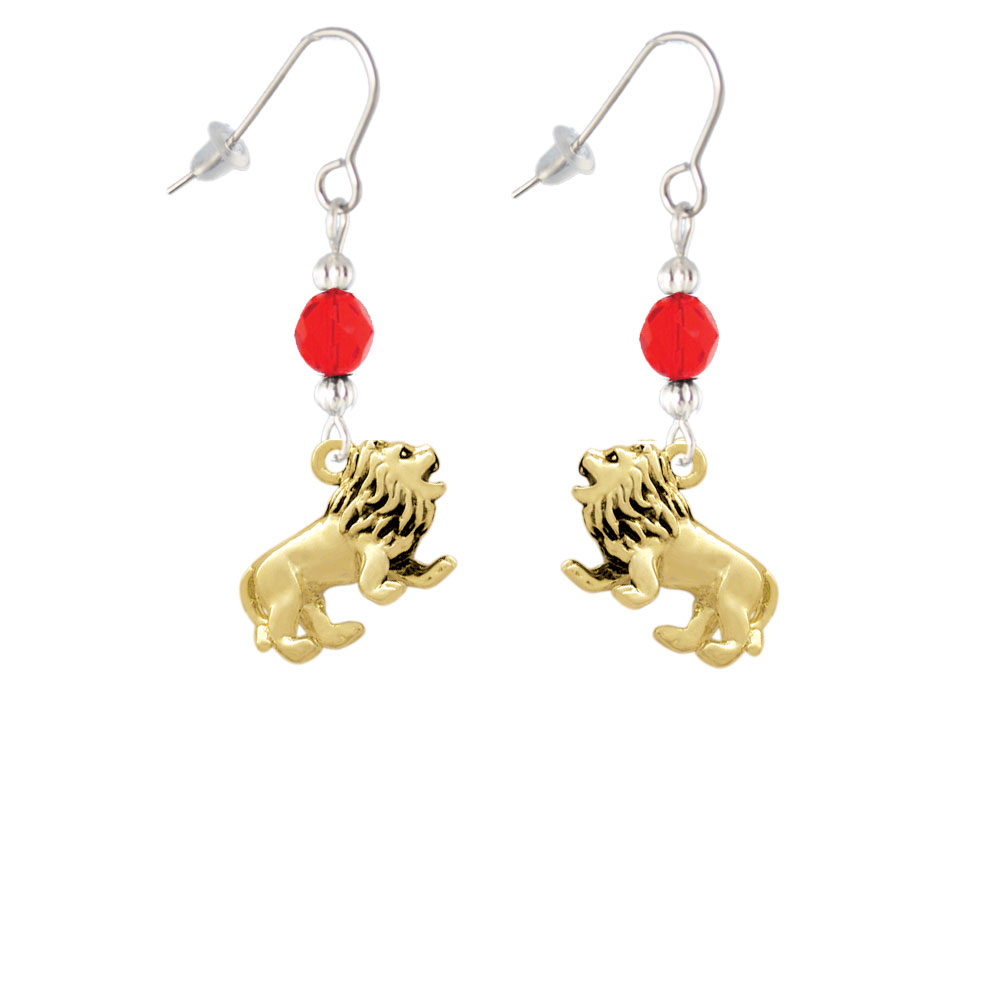 Delight Jewelry Gold Tone 3-D Lion Red Bead French Earrings