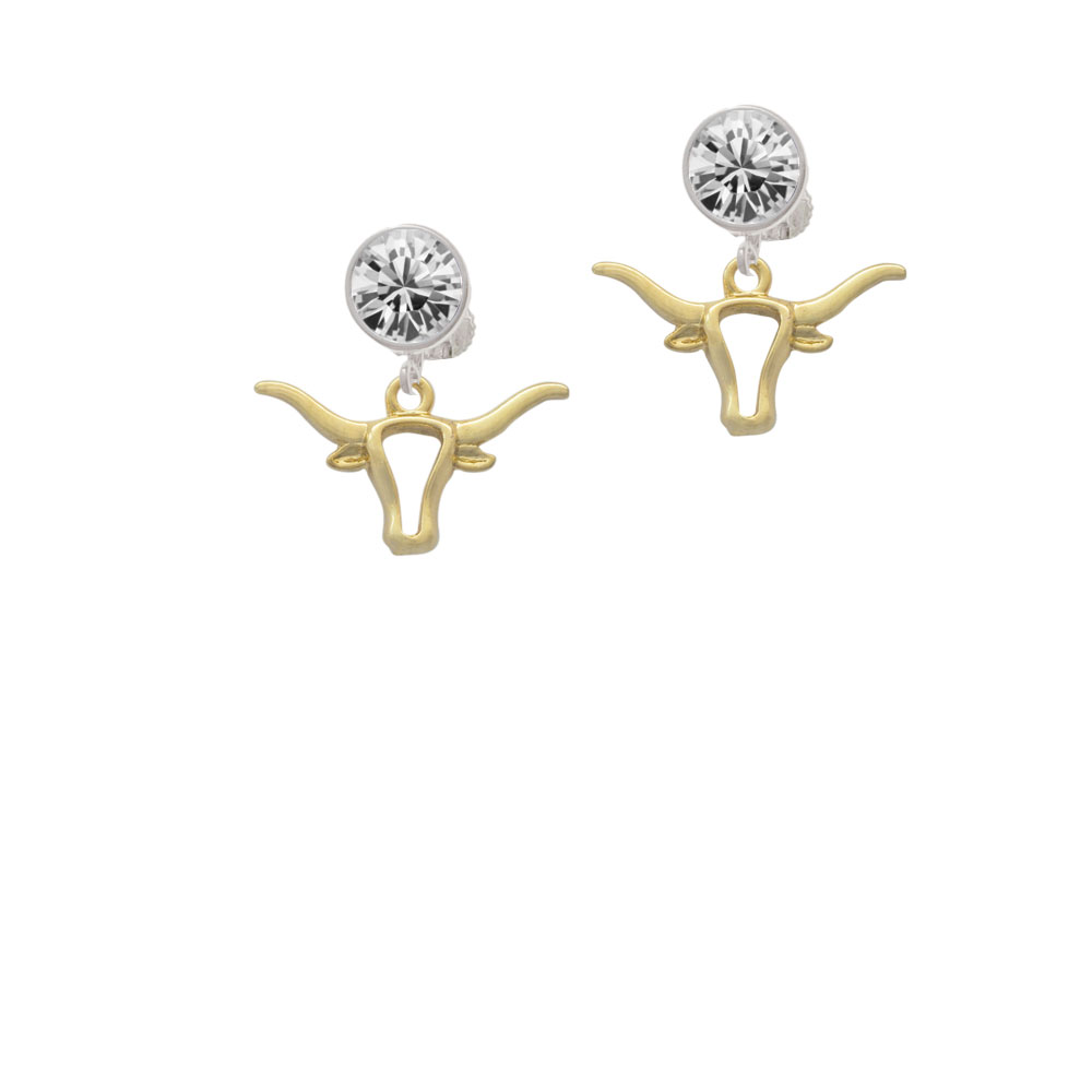Delight Jewelry Large Gold Tone Longhorn Head Outline Clear Crystal Clip On Earrings