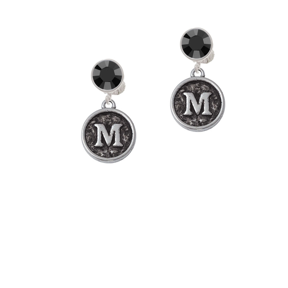 Delight Jewelry Antiqued Round Seal - Initial - M - Black Crystal Clip On Earrings