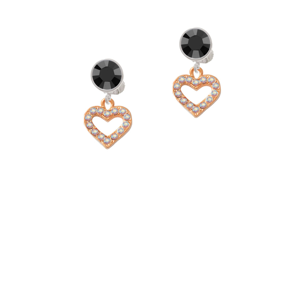 Delight Jewelry Rose Gold Tone AB Crystal Open Heart Black Crystal Clip On Earrings