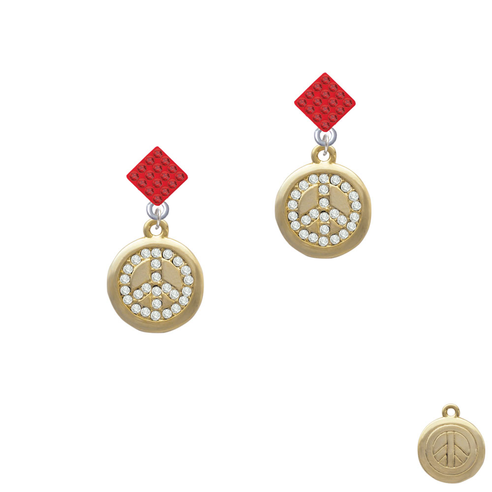 Delight Jewelry Gold Tone Disc with Crystal Peace Sign Red Crystal Diamond-Shape Earrings