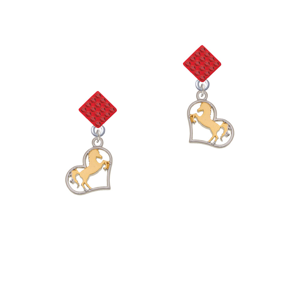 Delight Jewelry Two Tone Stallion Silhouette Heart Red Crystal Diamond-Shape Earrings