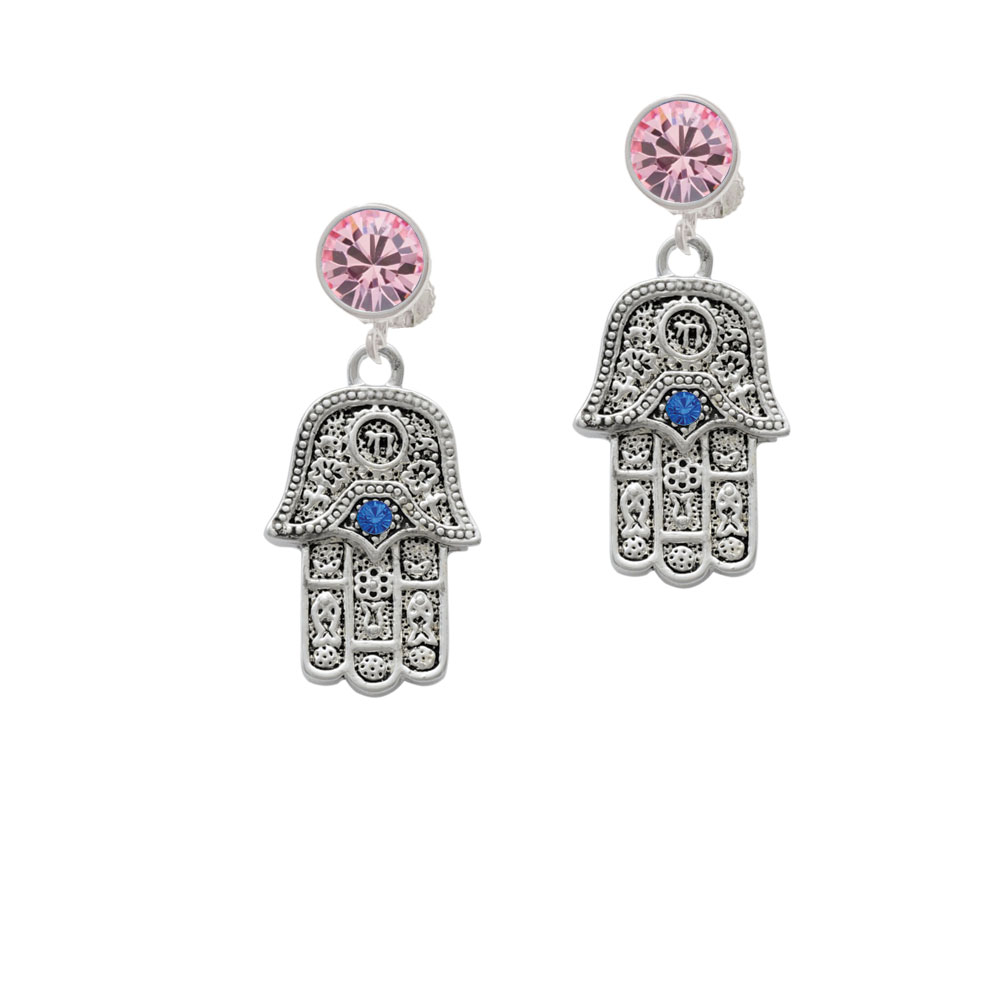 Delight Jewelry Hamsa Hand with Blue Crystal Pink Crystal Clip On Earrings