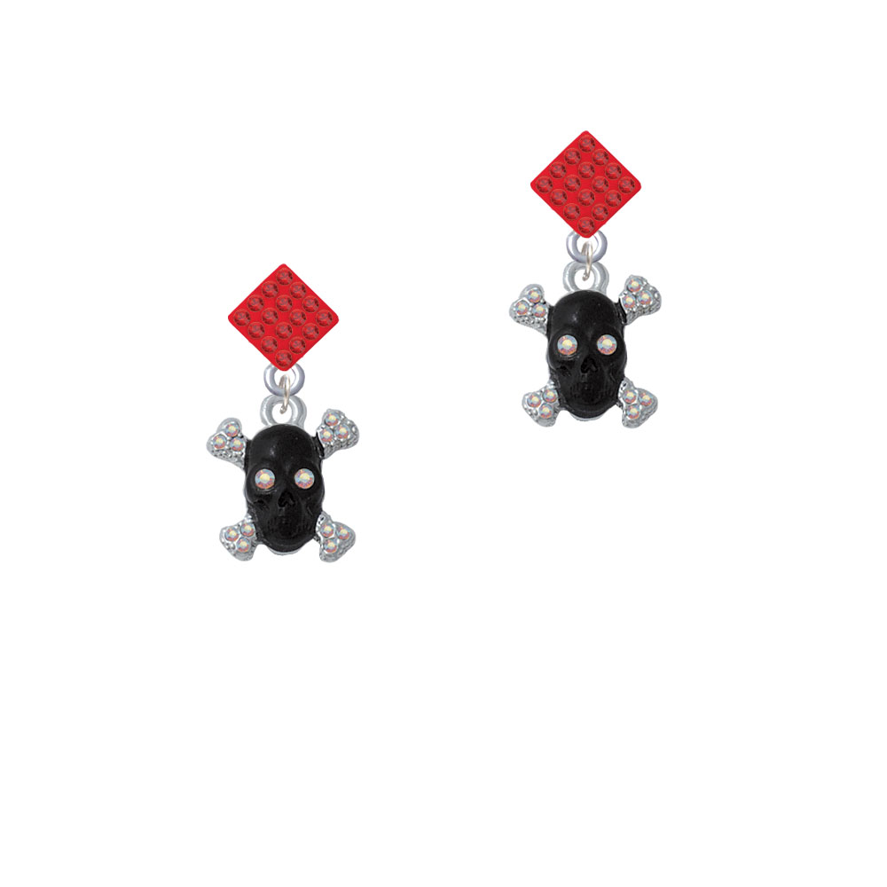 Delight Jewelry Small Black Resin Skull with AB Crystals Red Crystal Diamond-Shape Earrings