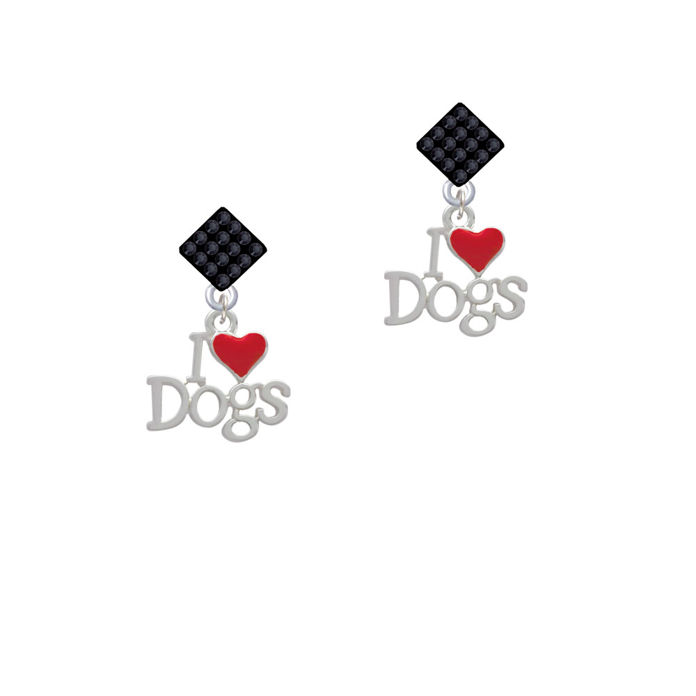 Delight Jewelry I love Dogs with Red Heart Black Crystal Diamond-Shape Earrings