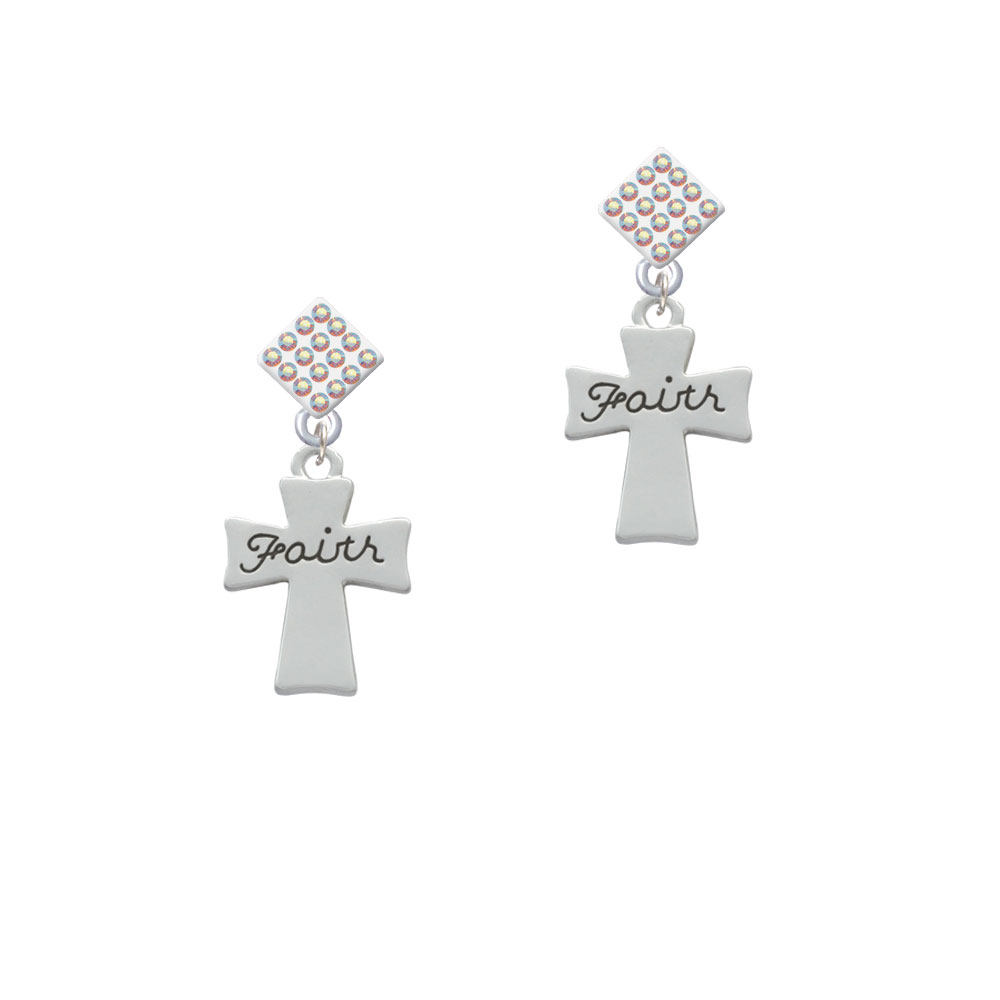 Delight Jewelry Faith Flat Cross White AB Crystal Diamond-Shape Earrings