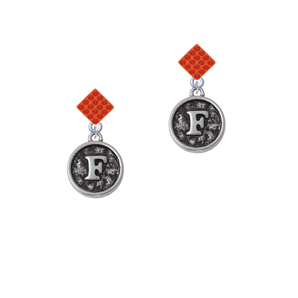 Delight Jewelry Antiqued Round Seal - Initial - F - Orange Crystal Diamond-Shape Earrings