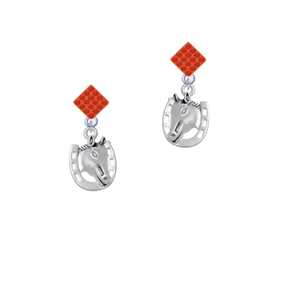 Delight Jewelry Horse Head with Horseshoe - 2 Sided Orange Crystal Diamond-Shape Earrings
