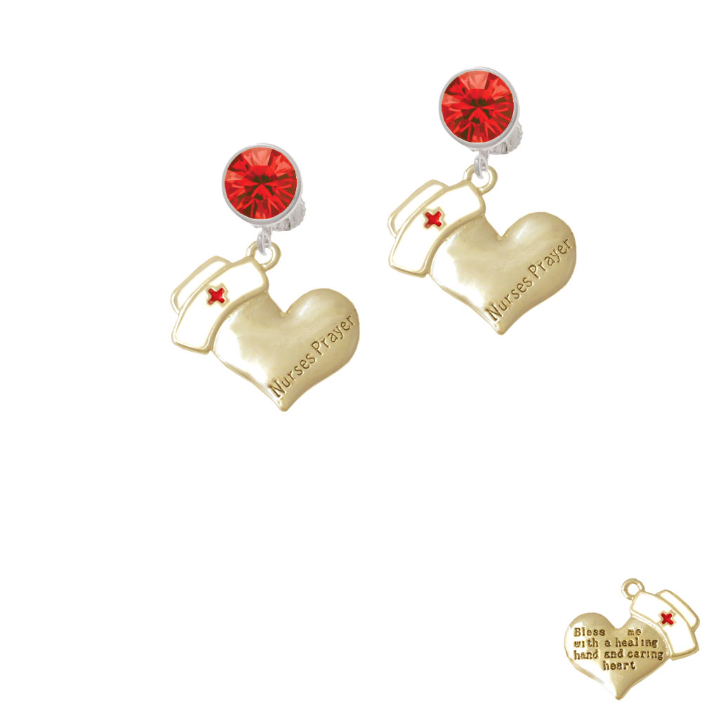 Delight Jewelry Gold Tone Nurse's Prayer Heart - Healing Hand Red Crystal Clip On Earrings