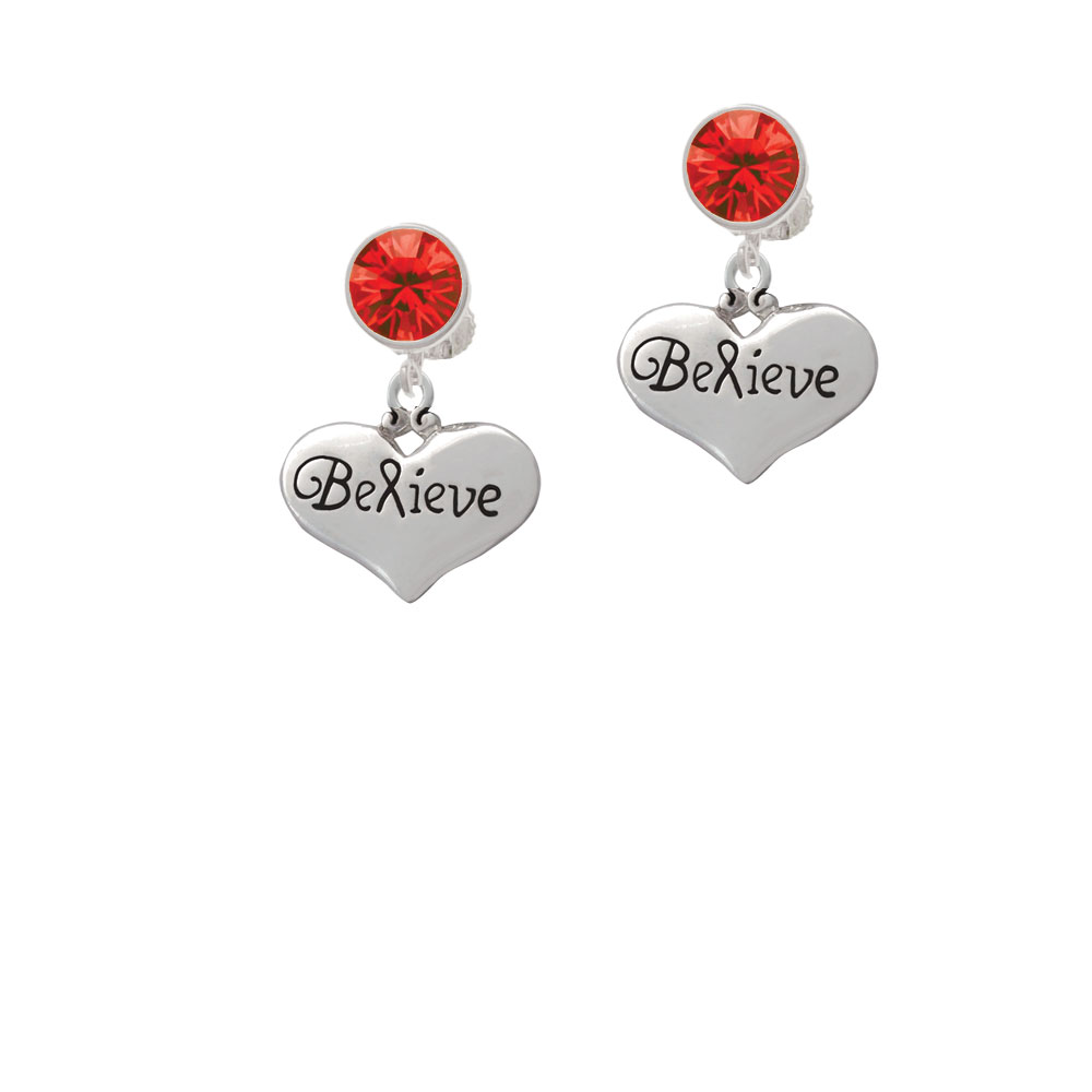 Delight Jewelry Large Believe with Ribbon Heart Red Crystal Clip On Earrings