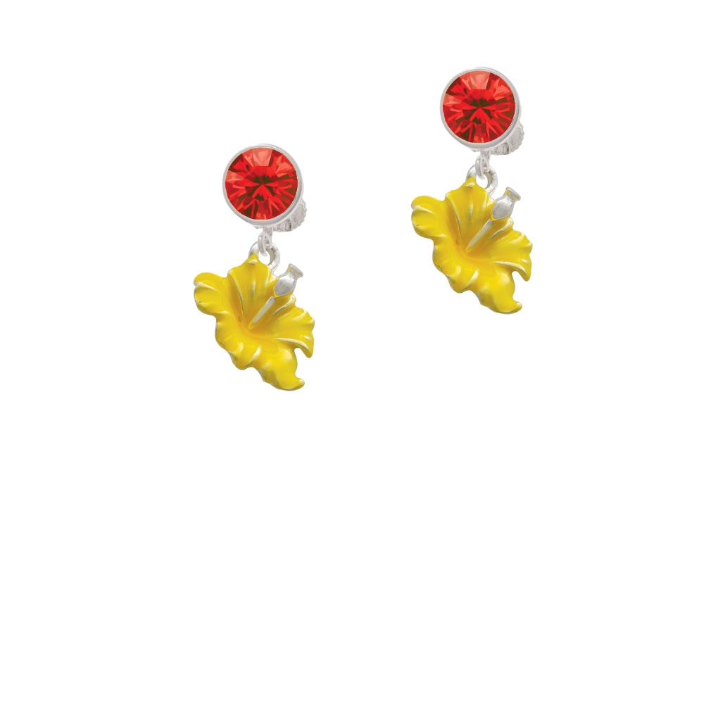 Delight Jewelry Yellow Hibiscus Flower Red Crystal Clip On Earrings