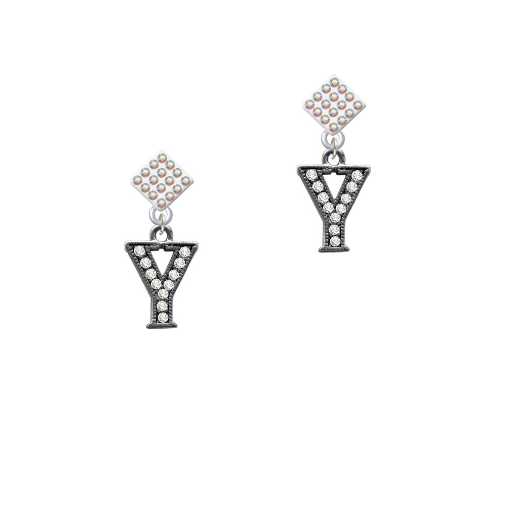Delight Jewelry Crystal Black Initial - Y - Beaded Border - White AB Crystal Diamond-Shape Earrings