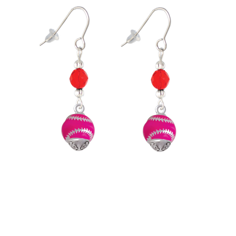 Delight Jewelry Hot Pink Softball with Silver Tone Stitching Spinner Red Bead French Earrings
