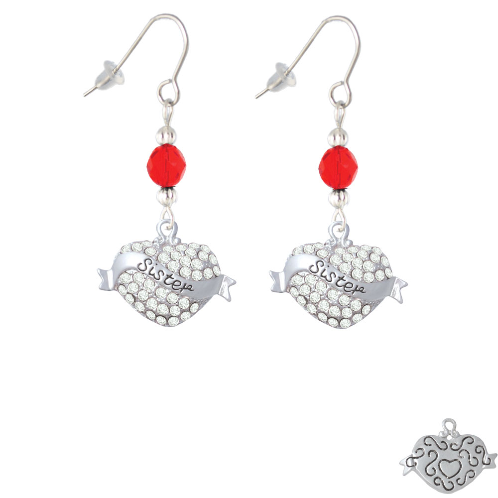 Delight Jewelry Sister Banner on Clear Crystal Heart Red Bead French Earrings