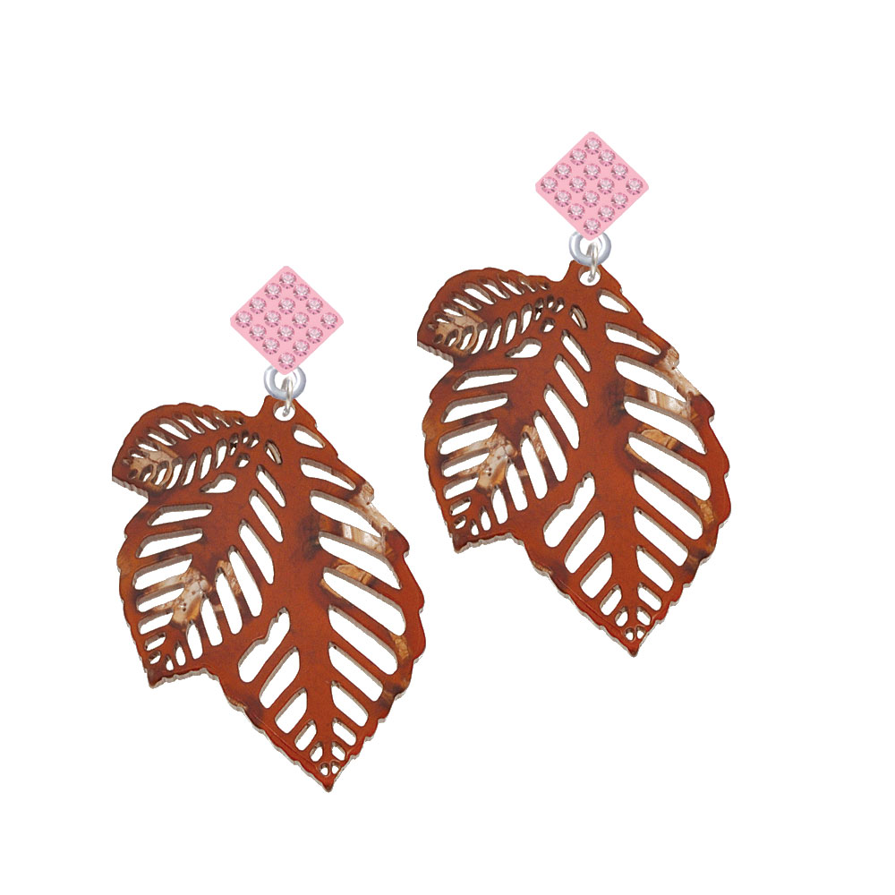 Delight Jewelry Acrylic Medium Triple Leaf Pearly Brown Pink Crystal Diamond-Shape Earrings