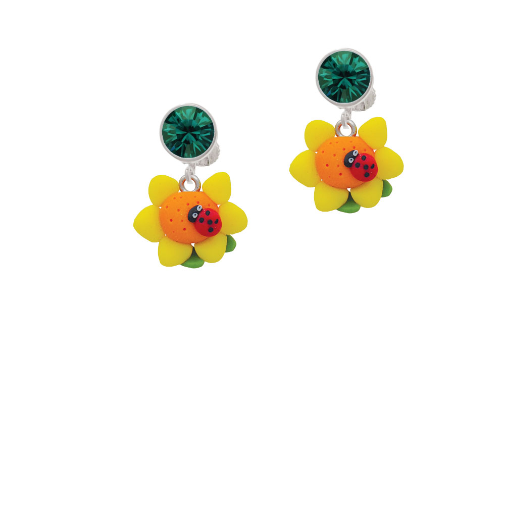 Delight Jewelry Fimo Clay Sunflower with Ladybug Green Crystal Clip On Earrings