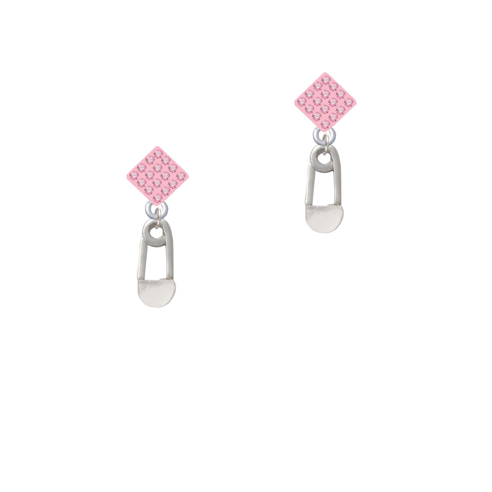 Delight Jewelry 2-Sided Clear Frosted Baby Safety Pin Pink Crystal Diamond-Shape Earrings