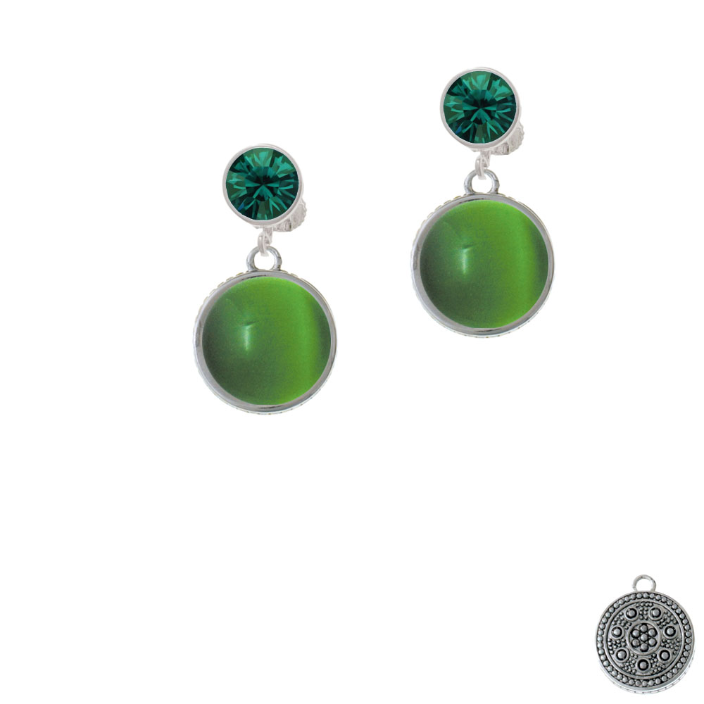Delight Jewelry Round - Imitation Cat's Eye - Green - Green Crystal Clip On Earrings