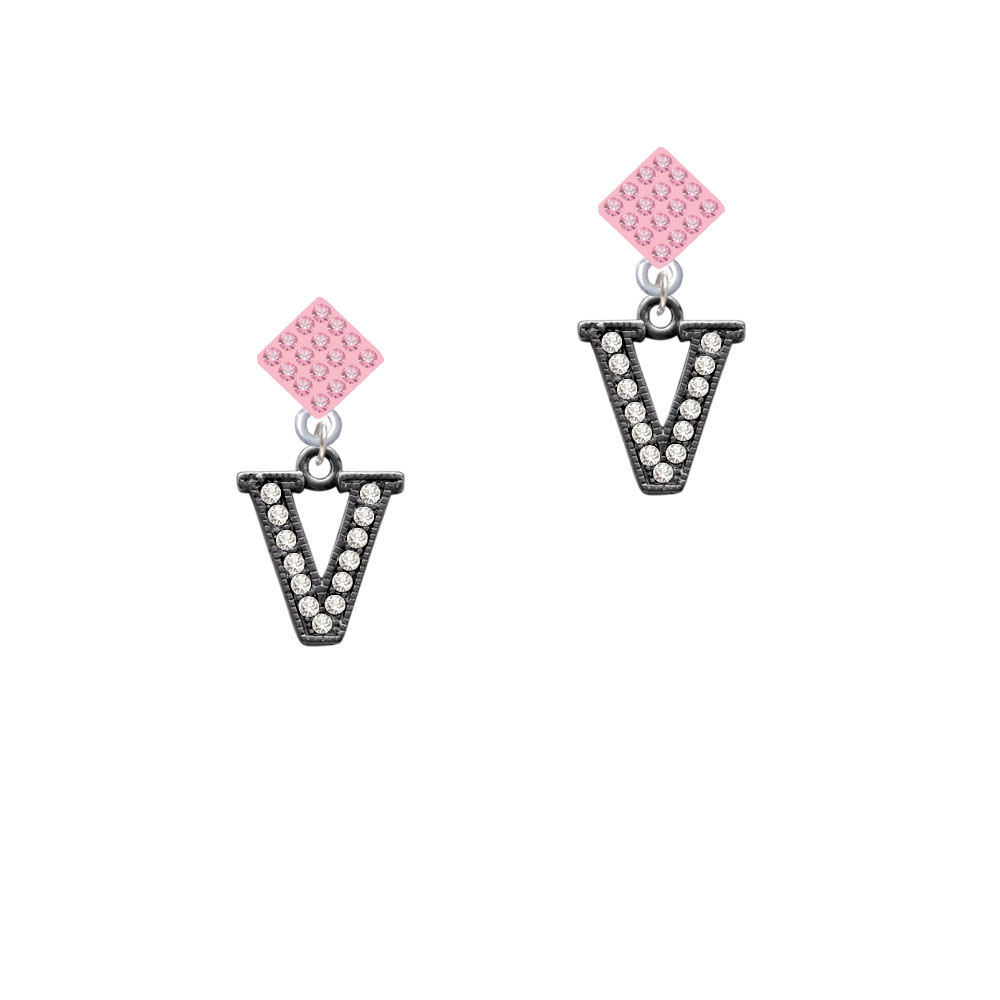 Delight Jewelry Crystal Black Initial - V - Beaded Border - Pink Crystal Diamond-Shape Earrings