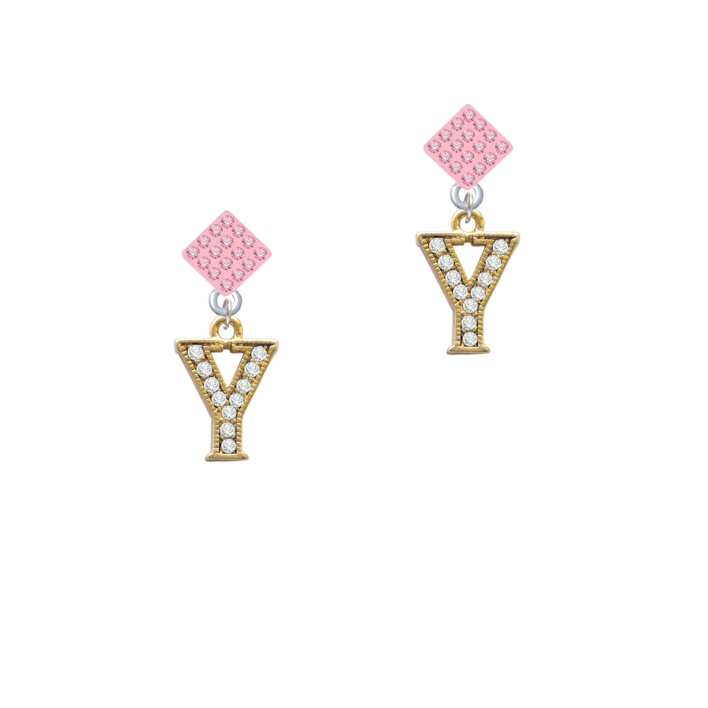 Delight Jewelry Crystal Gold Tone Initial - Y - Beaded Border - Pink Crystal Diamond-Shape Earrings