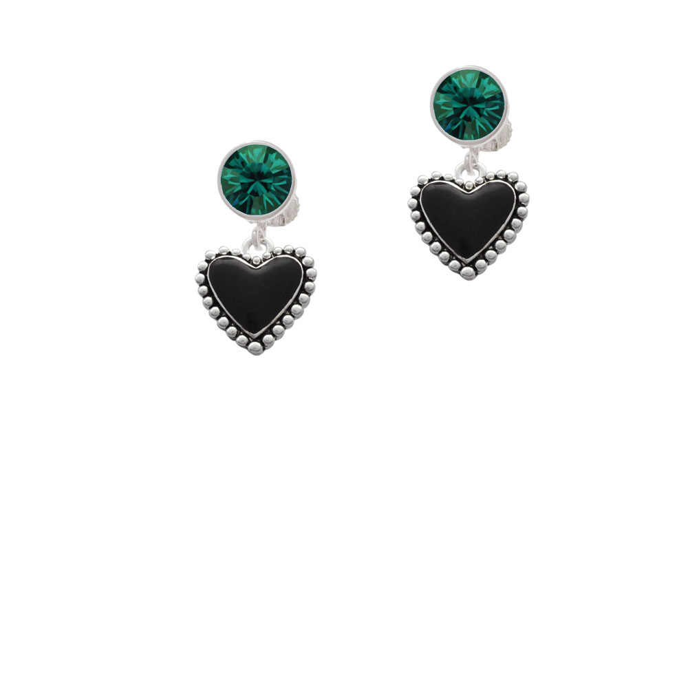 Delight Jewelry Black Heart with Beaded Border Green Crystal Clip On Earrings