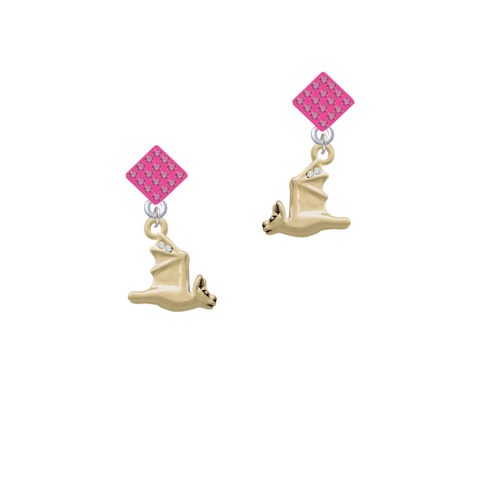 Delight Jewelry 3-D Flying Gold Tone Bat with Crystals Hot Pink Crystal Diamond-Shape Earrings
