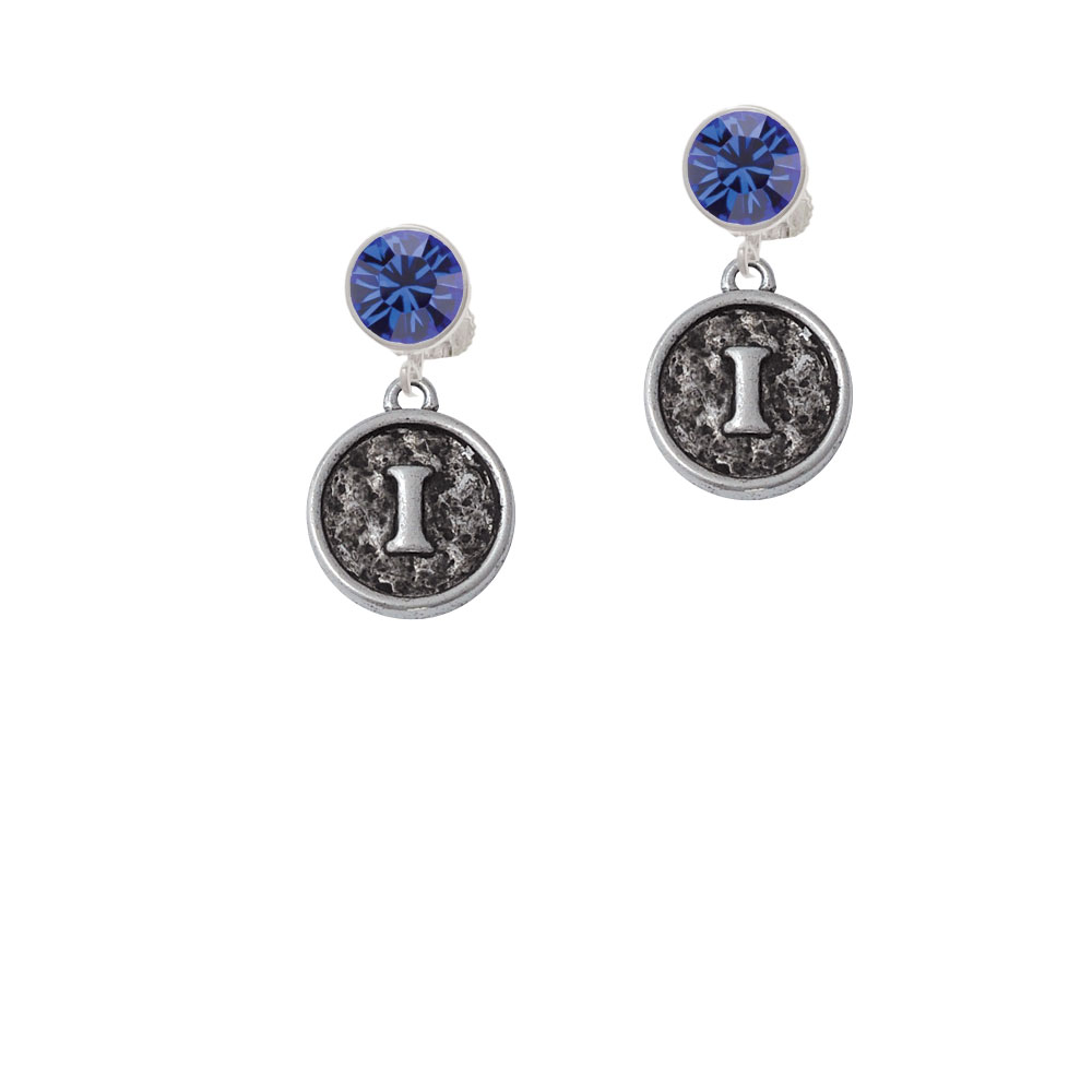 Delight Jewelry Antiqued Round Seal - Initial - I - Blue Crystal Clip On Earrings