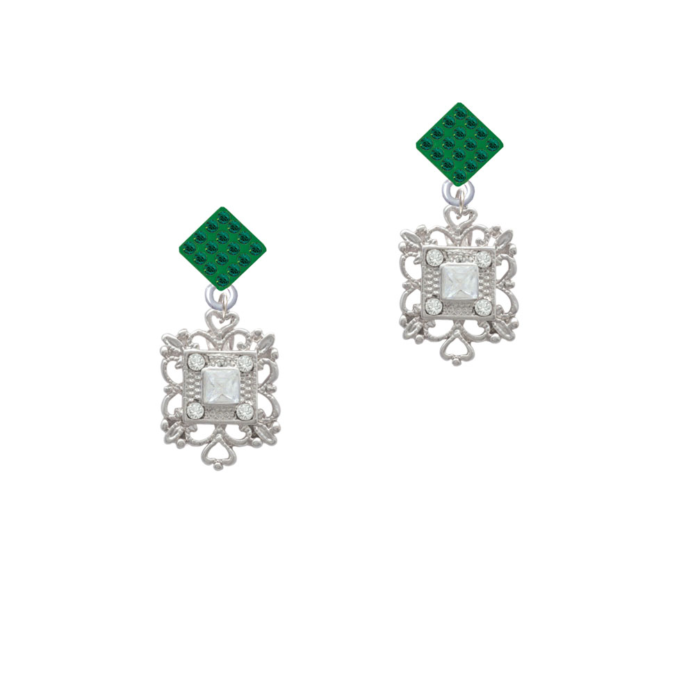 Delight Jewelry Square AB Crystal with Filigree Green Crystal Diamond-Shape Earrings