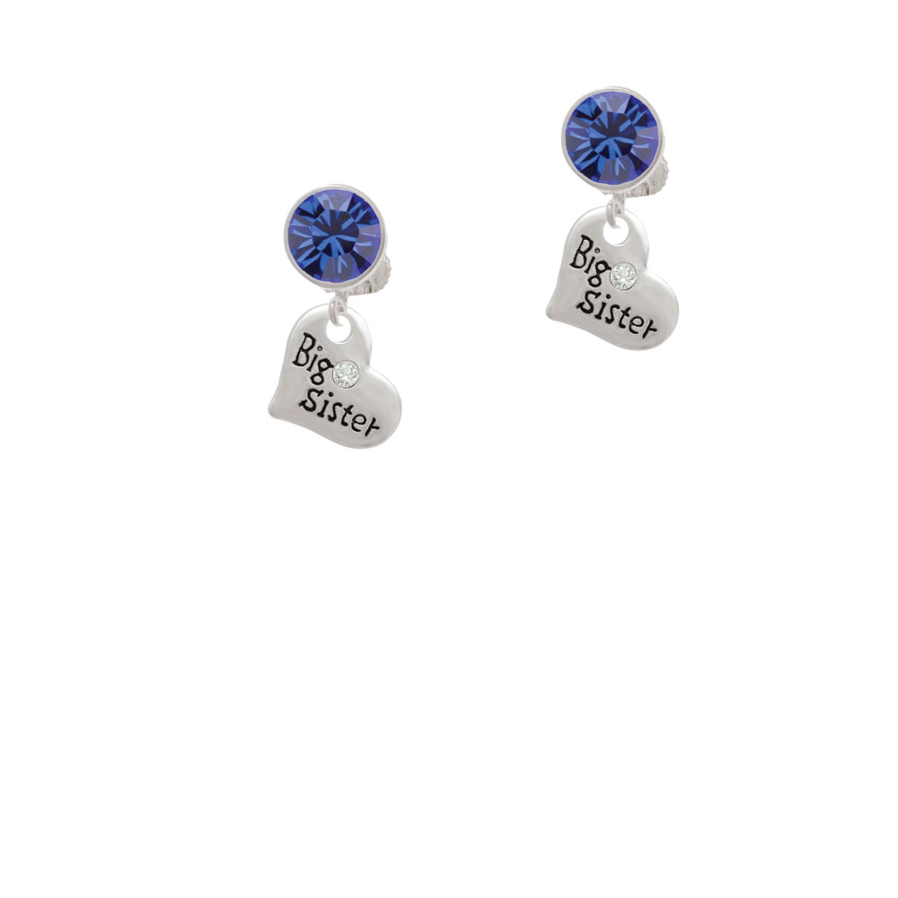Delight Jewelry Small ''Big Sister'' Heart with Clear Crystal Blue Crystal Clip On Earrings