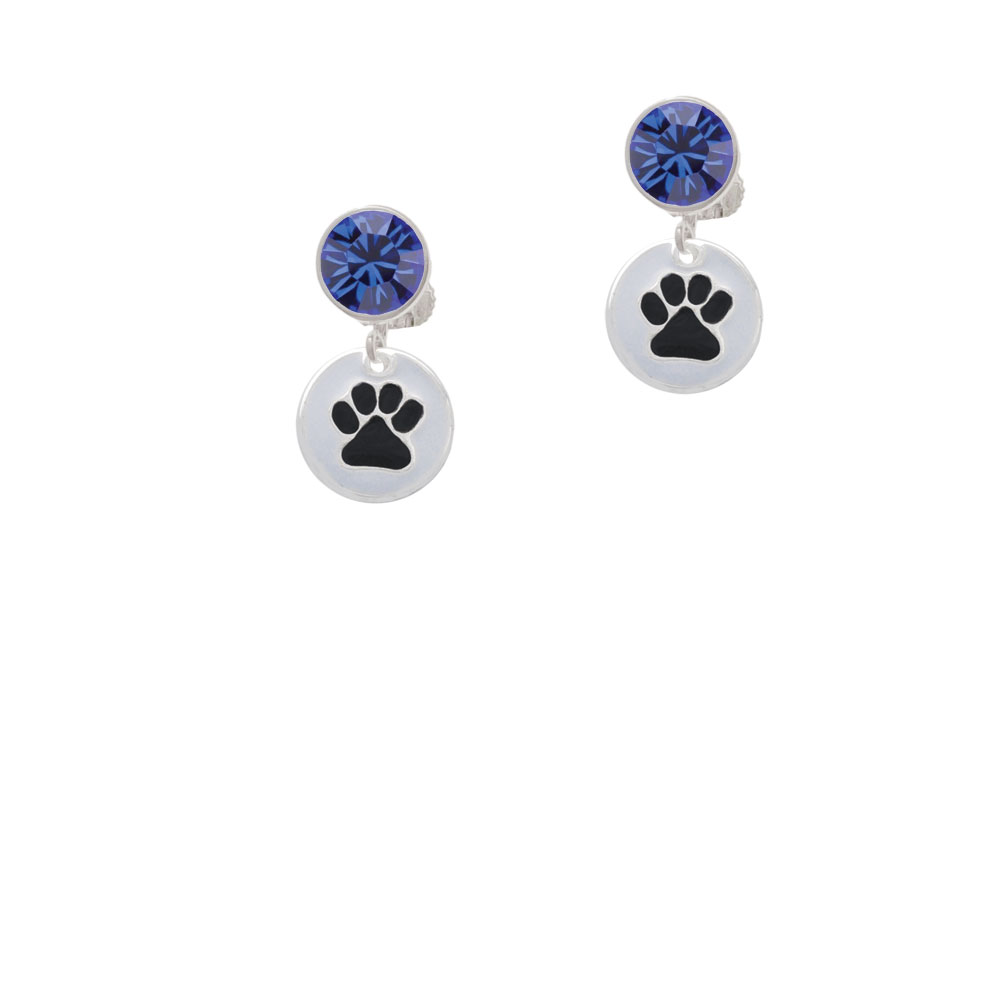 Delight Jewelry Black Paw on White Disc Blue Crystal Clip On Earrings