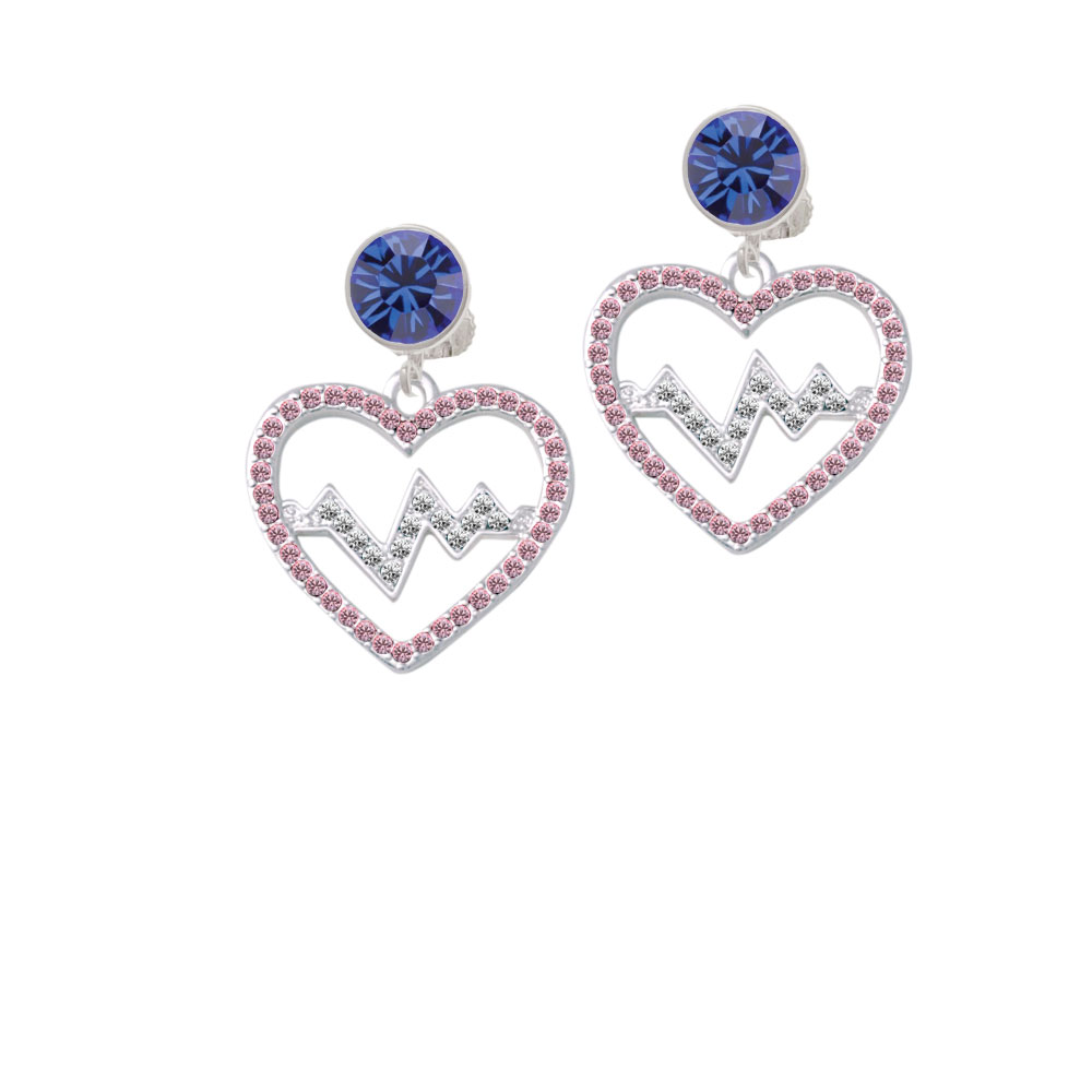 Delight Jewelry Large Pink Crystal Heart with Clear Heartbeat Blue Crystal Clip On Earrings