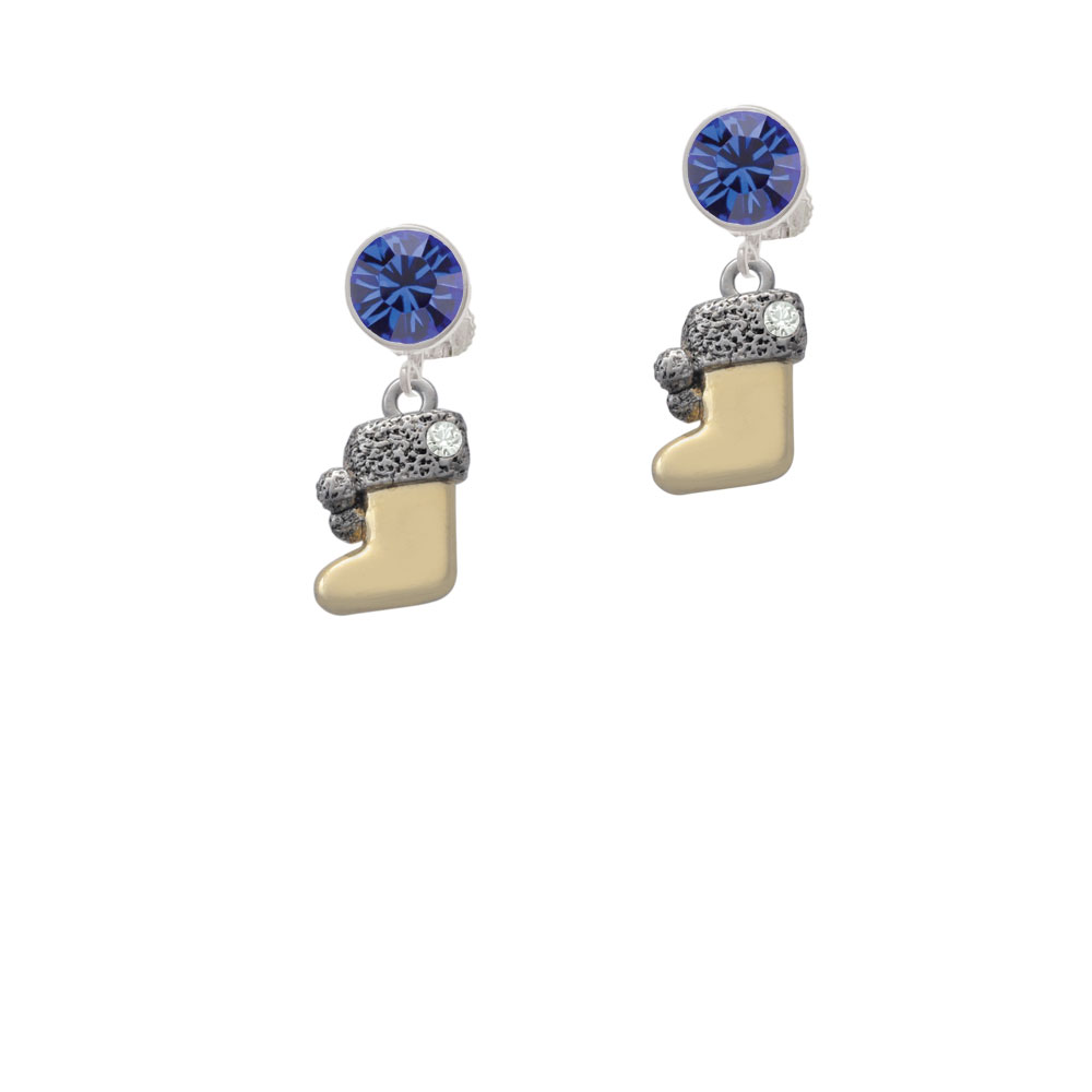 Delight Jewelry 3-D Gold Tone Stocking with Fur and Clear Crystal Blue Crystal Clip On Earrings