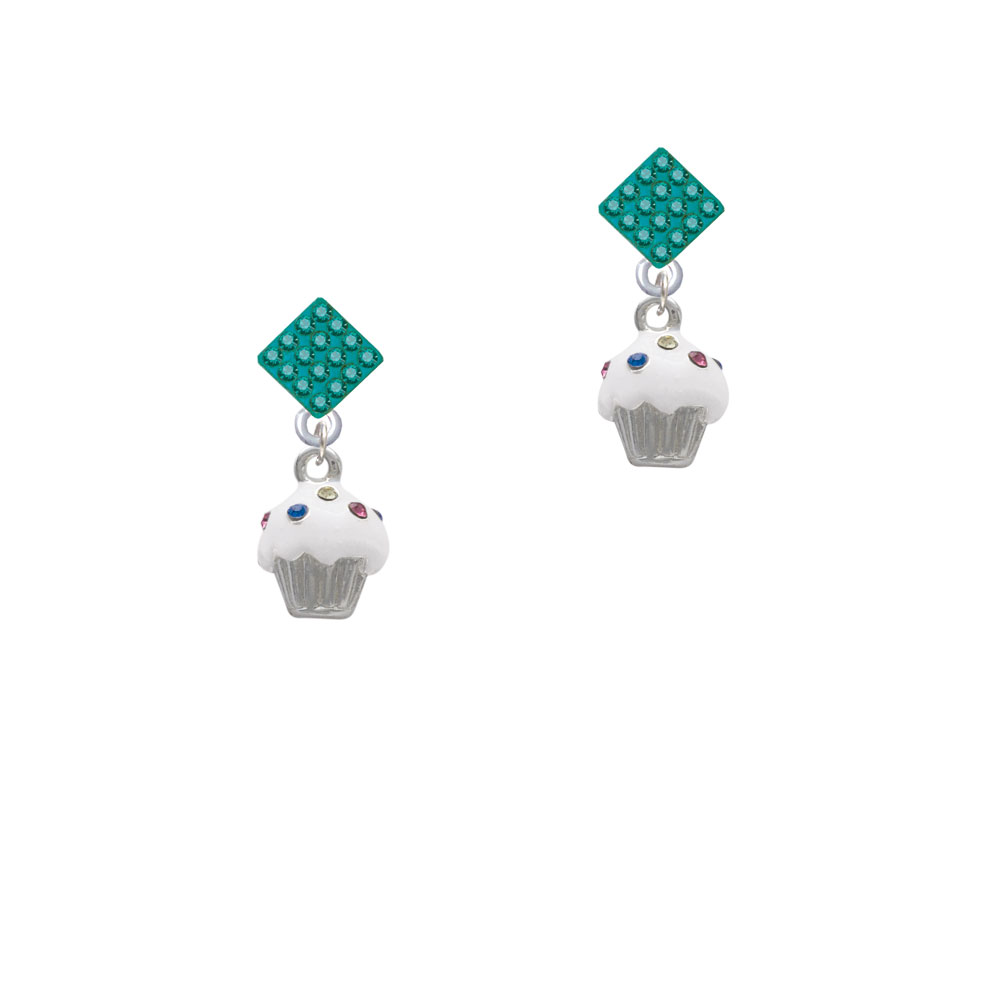 Delight Jewelry Small White Cupcake with Crystal Sprinkles Teal Crystal Diamond-Shape Earrings
