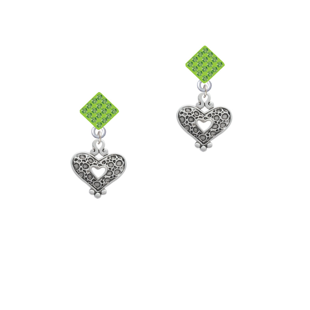 Delight Jewelry Antiqued Reptile Print Open Heart Lime Green Crystal Diamond-Shape Earrings