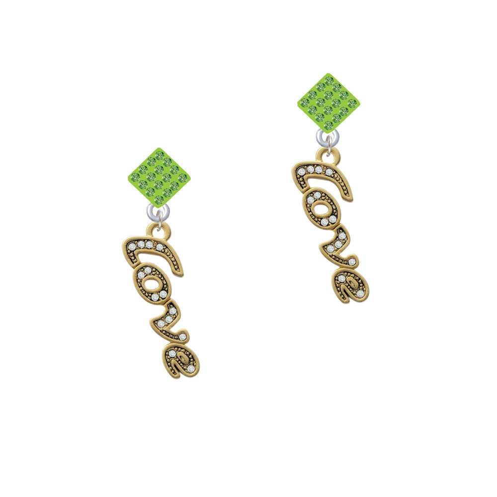 Delight Jewelry Gold Tone Script ''Love'' with Clear Crystals Lime Green Crystal Diamond-Shape Earrings