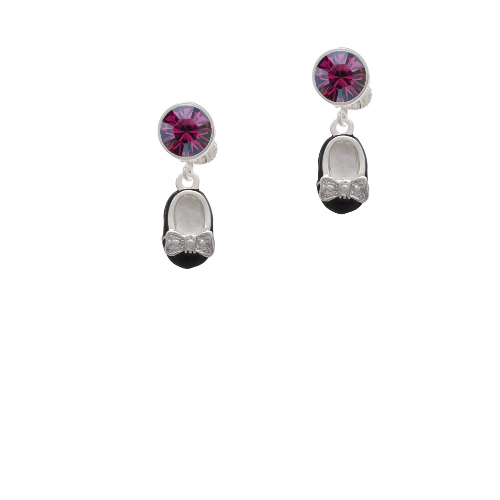 Delight Jewelry Black Enamel Baby Shoe with Bow Purple Crystal Clip On Earrings